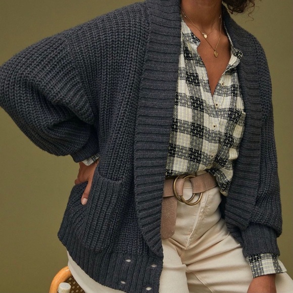 Anthropologie Sweaters - Anthropologie Carbon Grey Chunky Knit Slouchy Deep V Neck Cardigan 50% Wool L